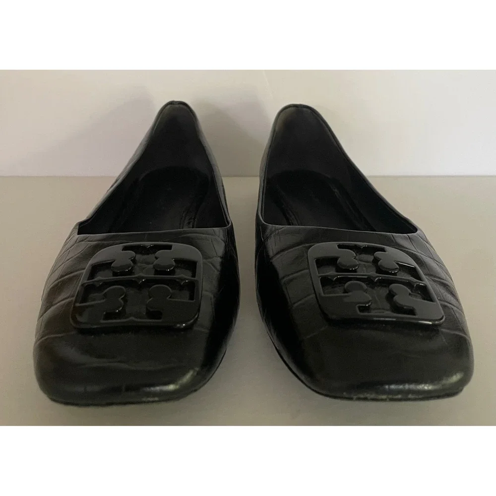 Tory Burch Georgia Black Croc Embossed Leather Square Toe Ballet Flats Career 8M